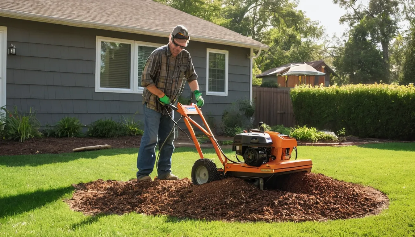 A local provider grinding a tree stump in a residential backyard in Lutcher