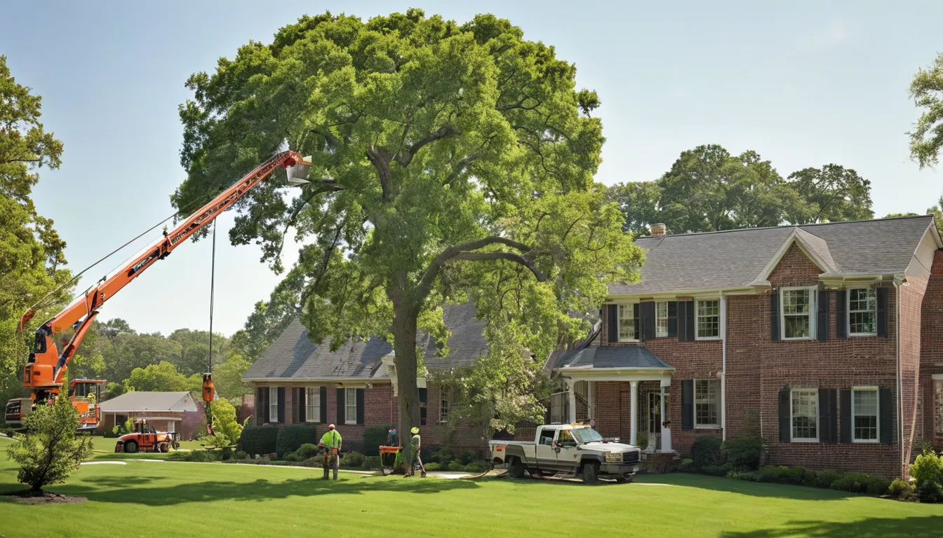 Tree removal provider safely cutting down a large tree beside a brick ranch home in Lutcher